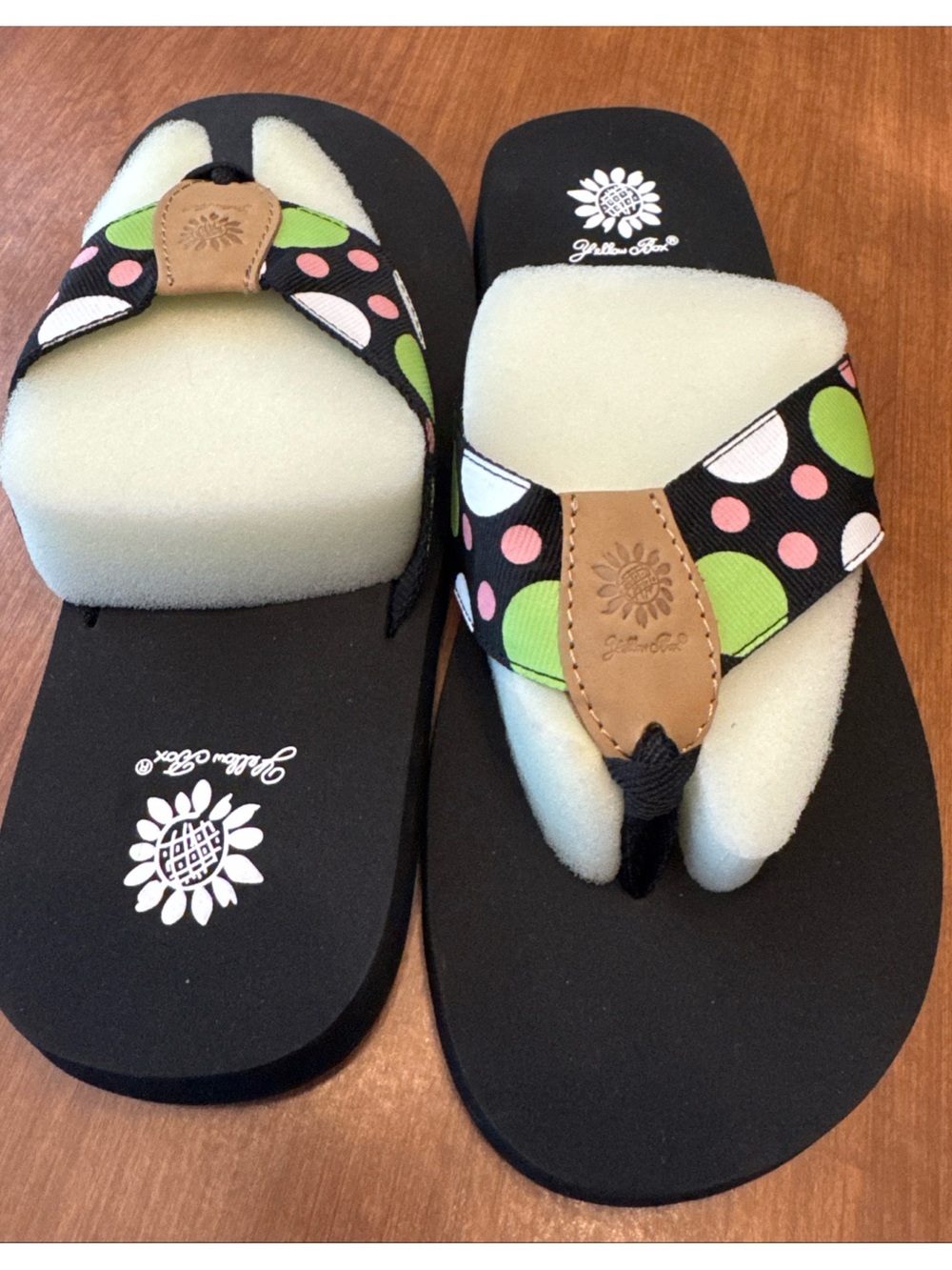 Yellow Box Black Flip Sandals with Pink & Green Polka Dots. Jellybean
